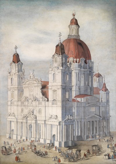 Monumental Baroque Church with Figures and Carriages by Unbekannt Unbekannt